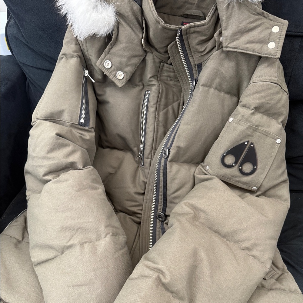 Moose Knuckles Khaki Puffer Jacket with Fur Trim
